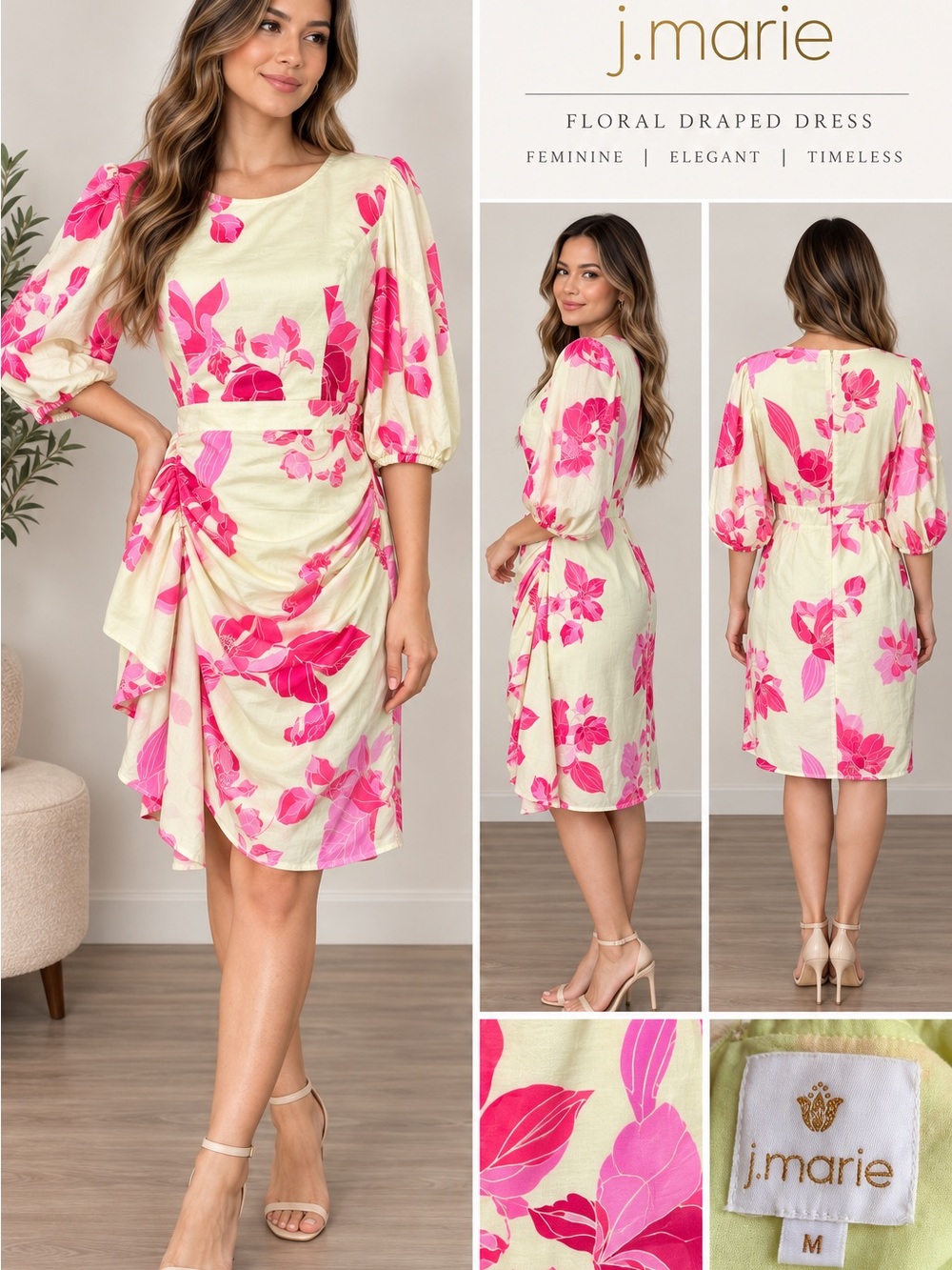 J. Marie Women’s Yellow Pink Floral Draped Puff Sleeve Cocktail Dress Size M